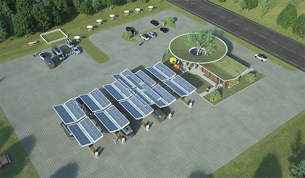 An overhead concept rendering with solar panel roofs over charging stations and a small building with a green plant roof, situated in the middle of a parking lot