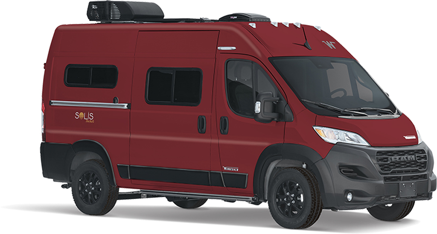 Red exterior of a Winnebago Solis Pocket 36B motorhome