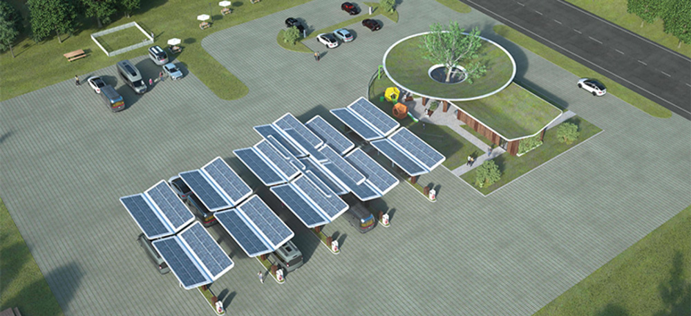 aerial view of solar panels at a charging station