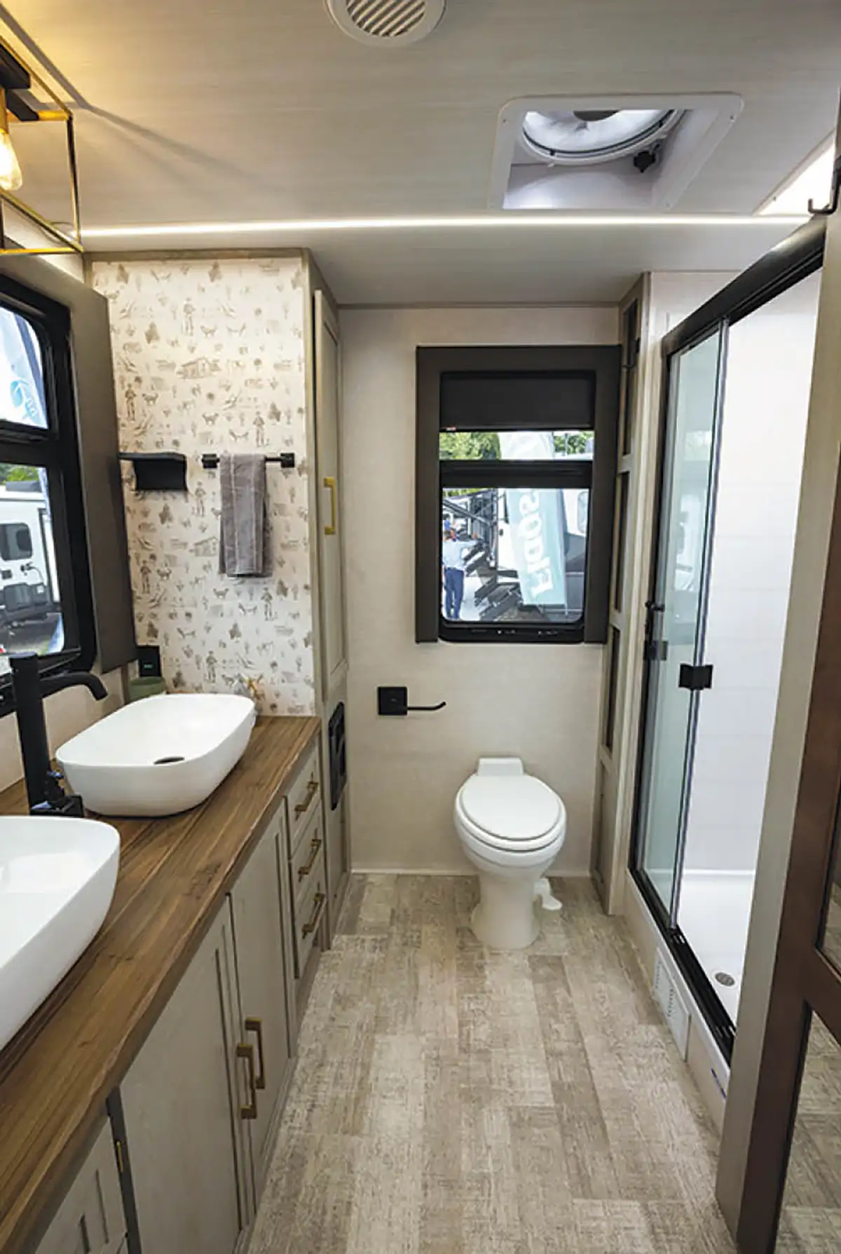 RV bathroom with two sinks
