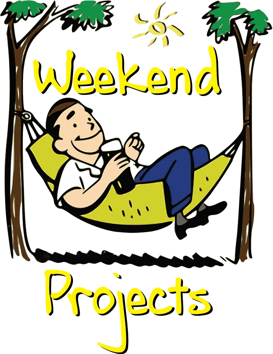 Weekend Projects department; digital illustration of a man holding a beverage and laying in a hammock