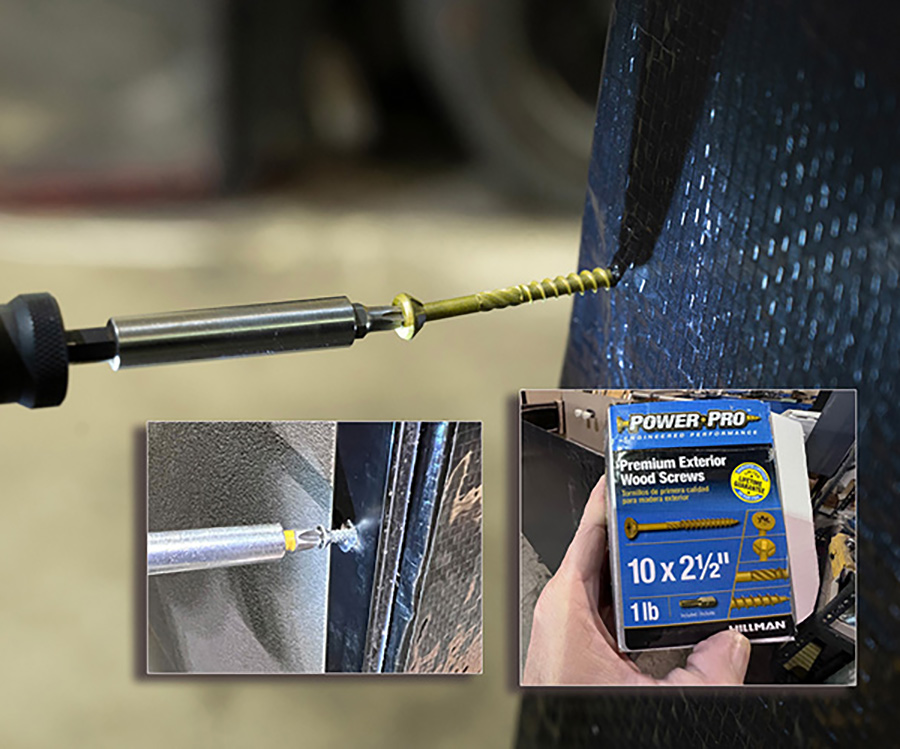 Close-up portrait photograph demo view of Power Pro 2 ½” #10 decking premium exterior wood screws being used in action; The larger screws hold the plywood securely to the walls, while the epoxy coating prevents them from rusting out over the years.