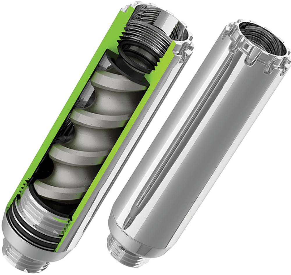 Close-up view of Ecocamel’s Orbit showerhead inside parts view showcasing how water softening is created by the use of metals in the handle that cause an electro-chemical catalytic reaction, which neutralizes the calcium so it cannot form limescale; The unique alloy increases water velocity and turbulence, preventing the minerals from building up.