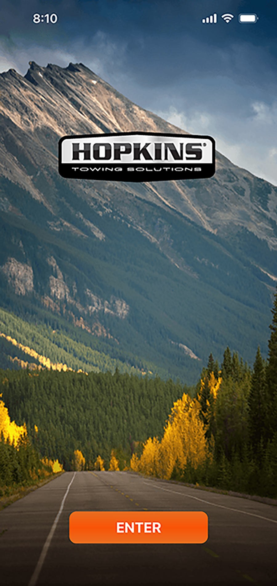 iPhone screenshot of the Hopkins Towing Solutions mobile app enter intro start-up screen